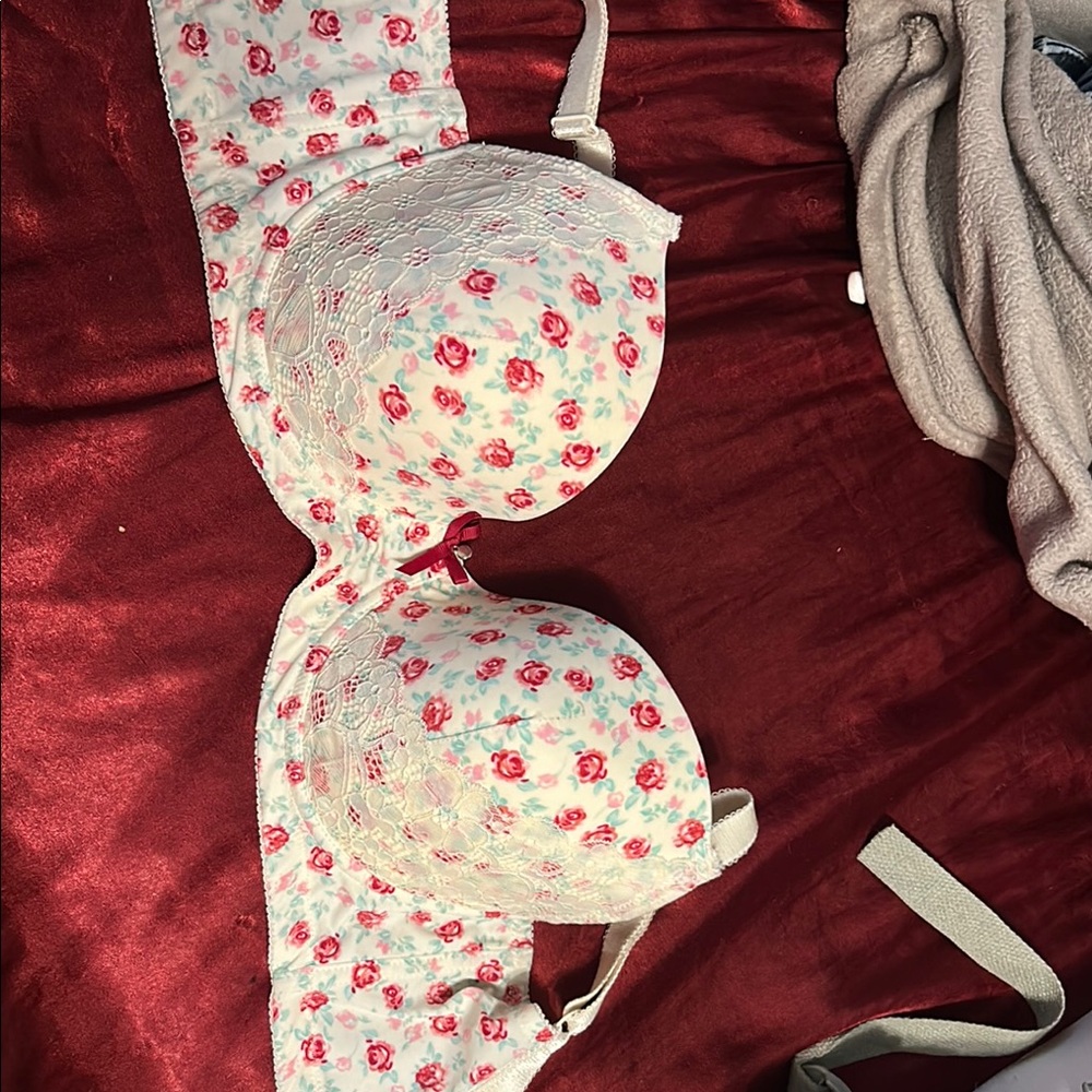 white and red floral bra 32g